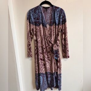 BCBGMaxAzria Feminine Long Sleeve Paisley Wrap Dress - Blue and Brown Size M